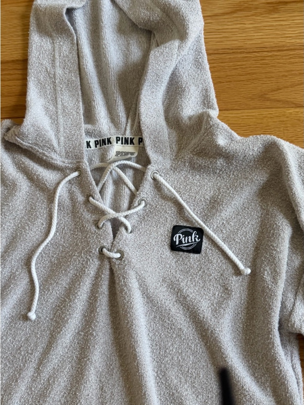 Pink Victoria’s Secret Light Gray Lace-Up Hooded Pullover